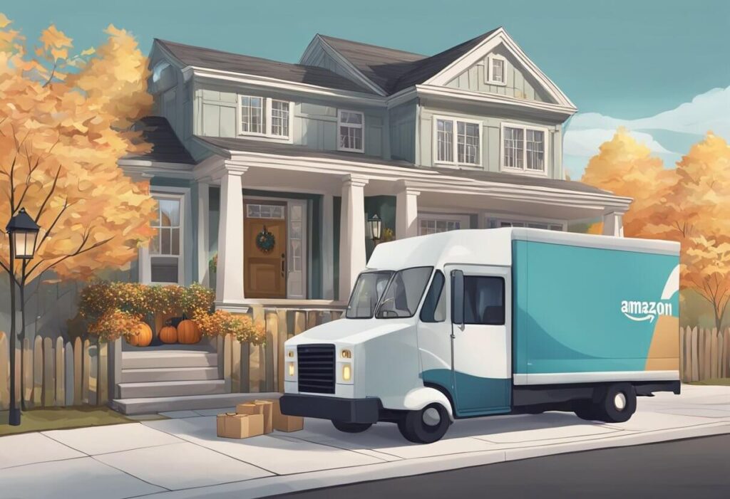 Amazon's delivery truck parked in front of a festive house on Thanksgiving Day, with a package being placed on the doorstep by a delivery person