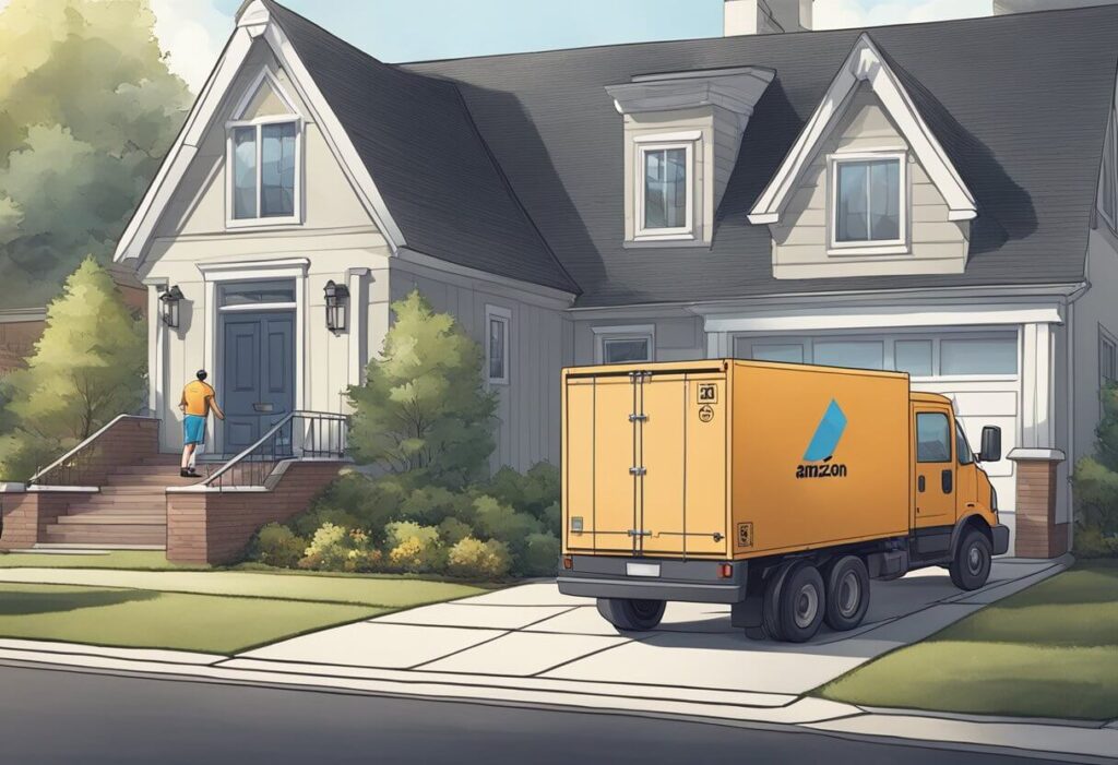 A delivery truck parked outside a suburban home, with a package being placed on the doorstep by a delivery person wearing an Amazon uniform