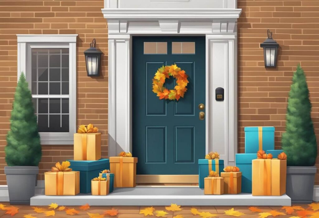 A doorstep with Amazon packages on Thanksgiving Day. No humans present